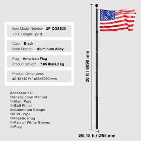 20FT Telescoping Flag pole Kit, Heavy Duty Aluminum Alloy in Ground Flag Poles for Outside, 3 Display Modes Flagpole with 3x5 American Flag