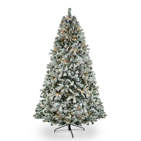 6 FT Pre-lit Snow Flocked Christmas Tree, Artificial Hinged Xmas Pine Tree with 800 Branch Tips, 300 Lights for Holiday Party Office Home, Snowy Green