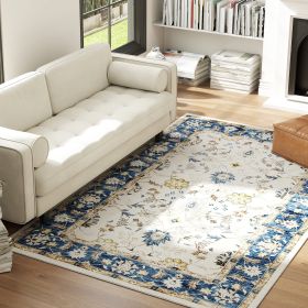 Machine Washable Area Rug 5x7, Non-Slip Boho Floral Print Floor Carpet For Living Room, Bedroom, Dining Room, Blue (Color: Blue)